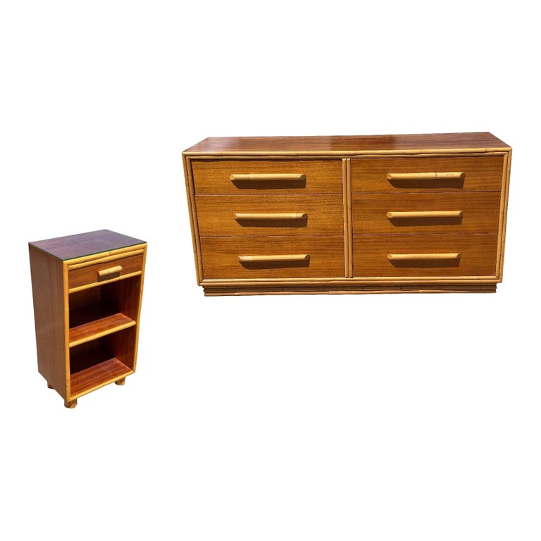 Restored Rattan and Mahogany Lowboy Dresser and Nightstand Set