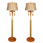 Restored High Style Koa Wood & Rattan Sculptural Floor Lamp w Ricemat Wrap, Pair