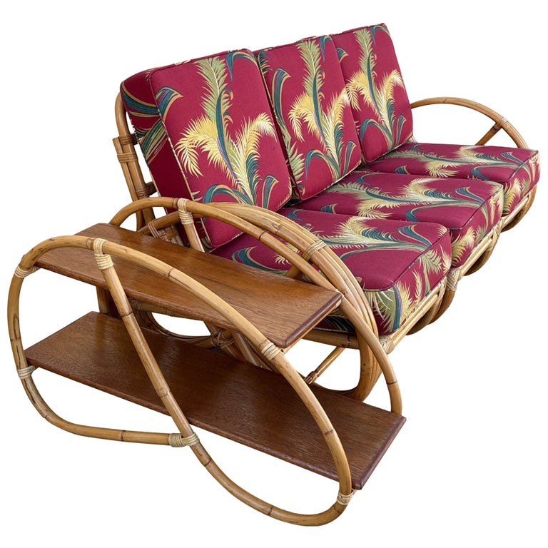 Restored Rattan 3-Strand Full Round Pretzel Sofa & Side Table Living Room Set