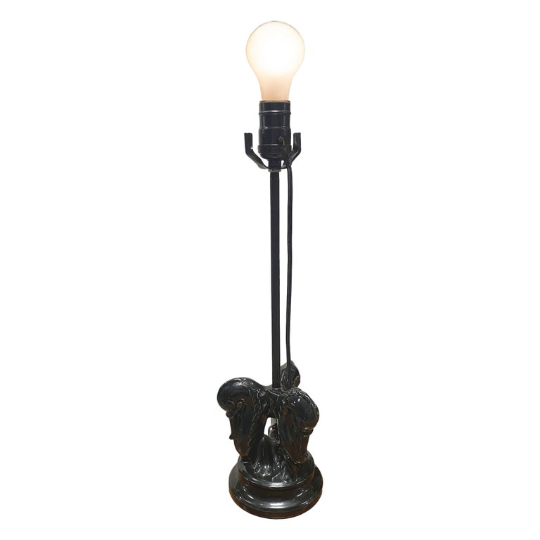 Mid Century Black Ceramic Swan Heads Table Lamp
