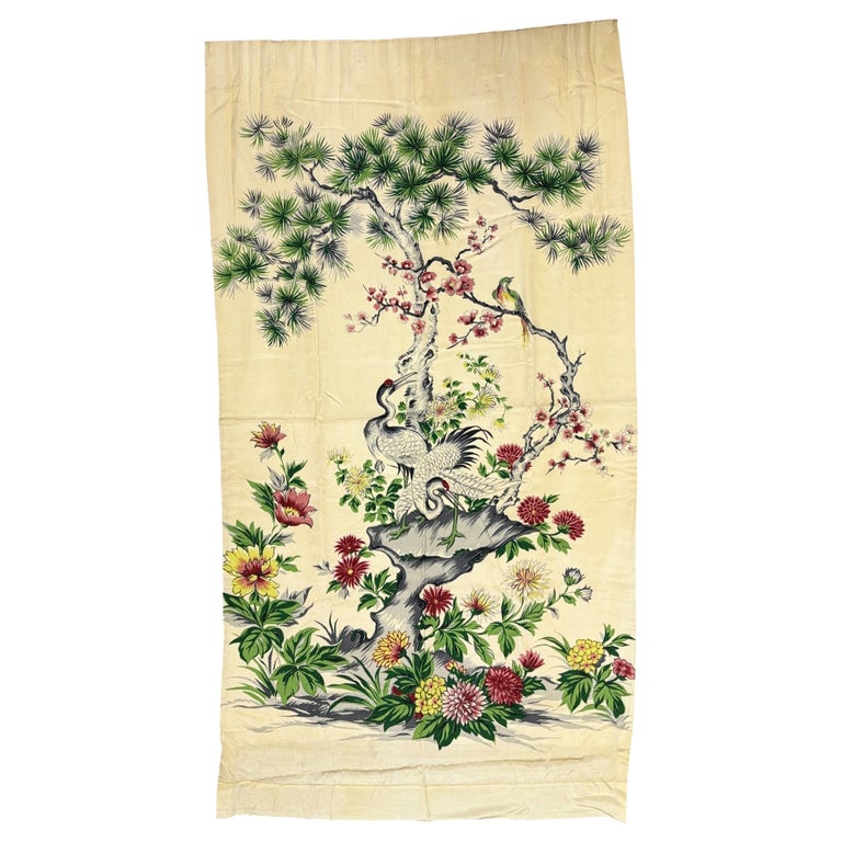 One of a Kind Mid Century Silk Curtain Panel with Cranes, Pine, and Chrysanthemu