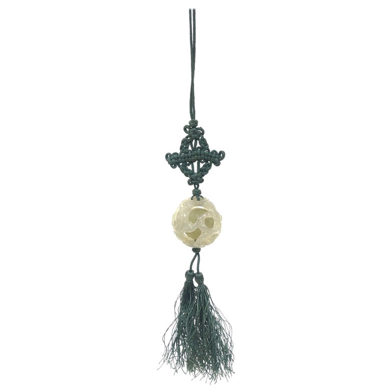 70s Boho Hand-Carved Tremolite Jade Pendant Necklace with Silk Knot & Tassel