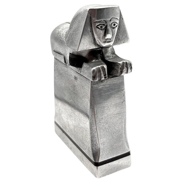 Hand Made Bespoke Silver Art Deco Sphinx Lift Arm Lighter w/ Geometric Inlay