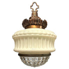 Art Deco Copper Acanthus Leaf Pendant Light w/ Crystal & Milk Glass Acorn Shade