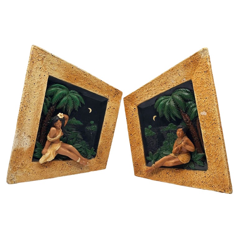 Rare MCM Tropical Hula Girl & Ukulele Boy Art Pottery 3D Wall Sculptural, Pair