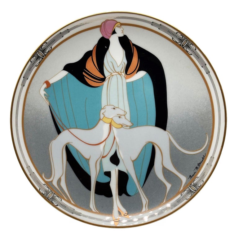 "A Flapper W Greyhounds" Art Deco Style Ceramic Decorative Plate by WS George