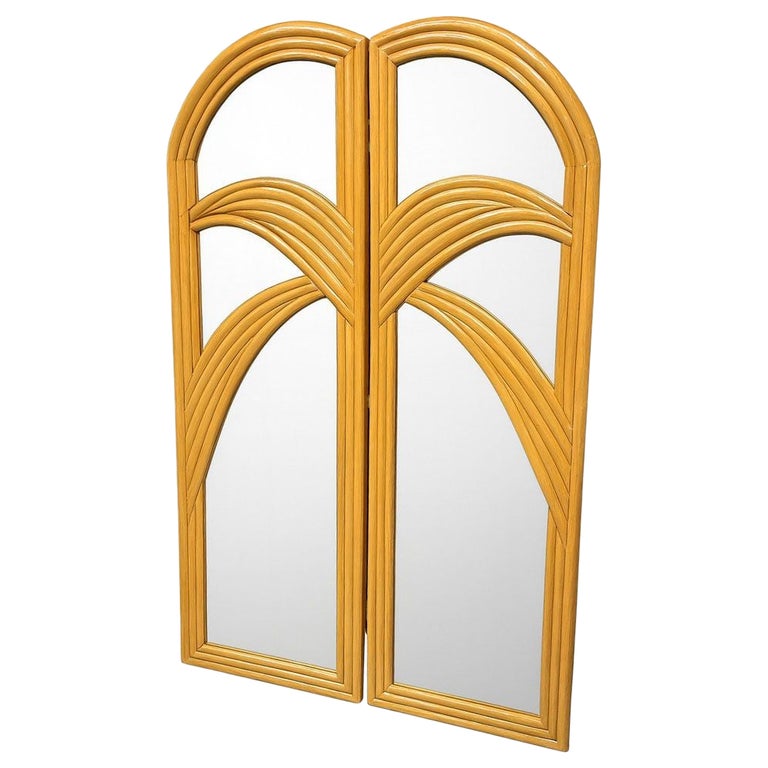 Restored Art Deco Palm Frond Design Rattan Mirror Folding Screen