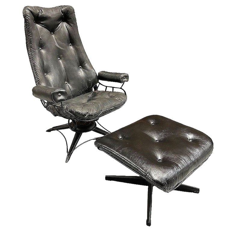 MCM Model 90 "Riviera" Swivel Springer Iron Lounge Chair w/ Ottoman by Homecrest