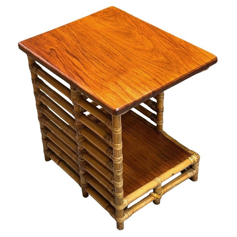 Restored Rattan "Jacob's Ladder" Storage Side Table with Mahogany Top
