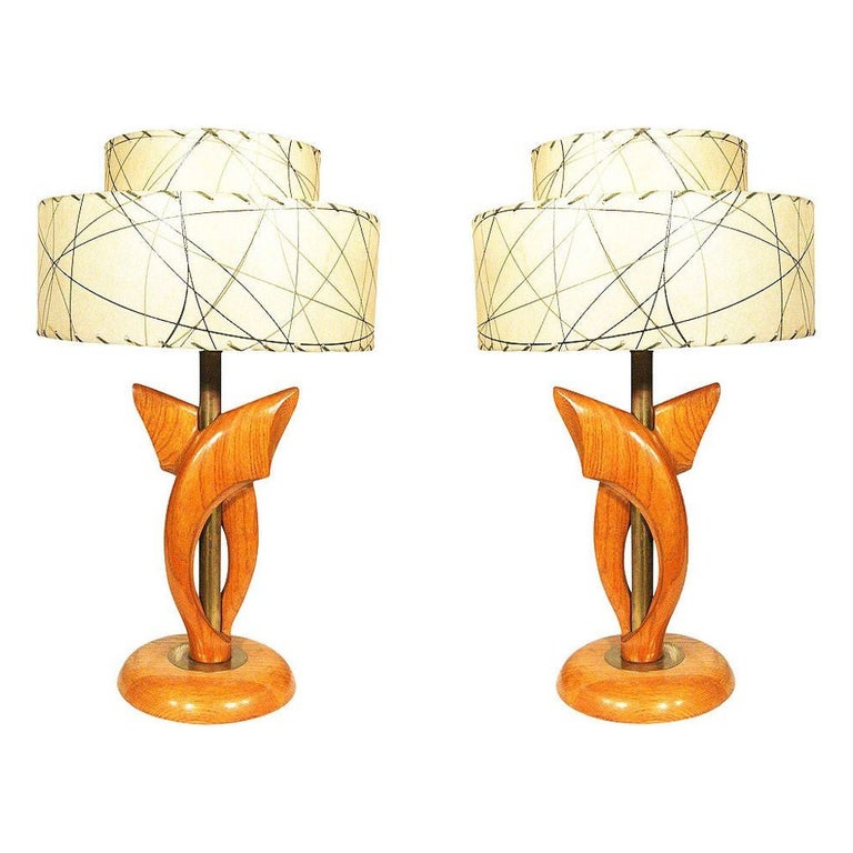 Yasha Heifetz Free-Form Oak and Brass Table Lamps, Pair