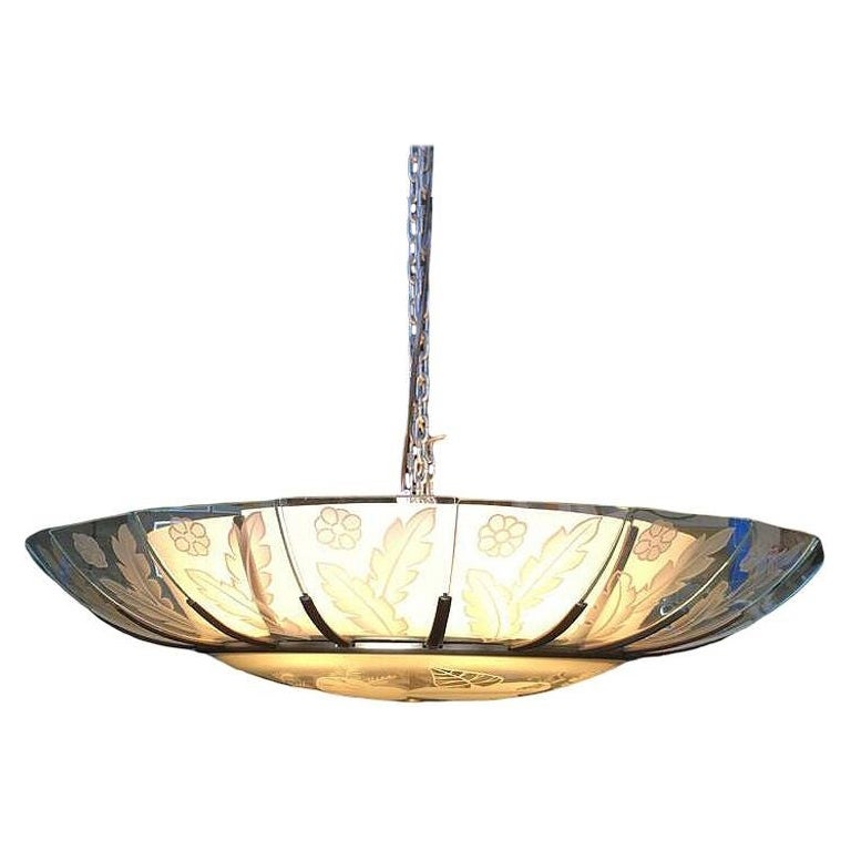 Bespoke Mid-Century Tropical Etched Slat Glass Bronze Chandelier, 3 Available