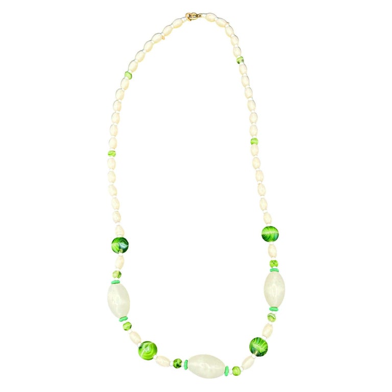 Czech Bohemian Green/White Lamp Art Glass w/Mop Shell Bead Necklace