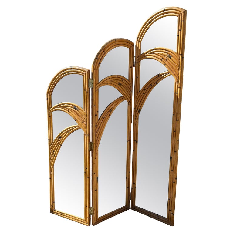 Restored 3-Panel Art Deco Palm Frond Design Rattan Mirror Folding Screen