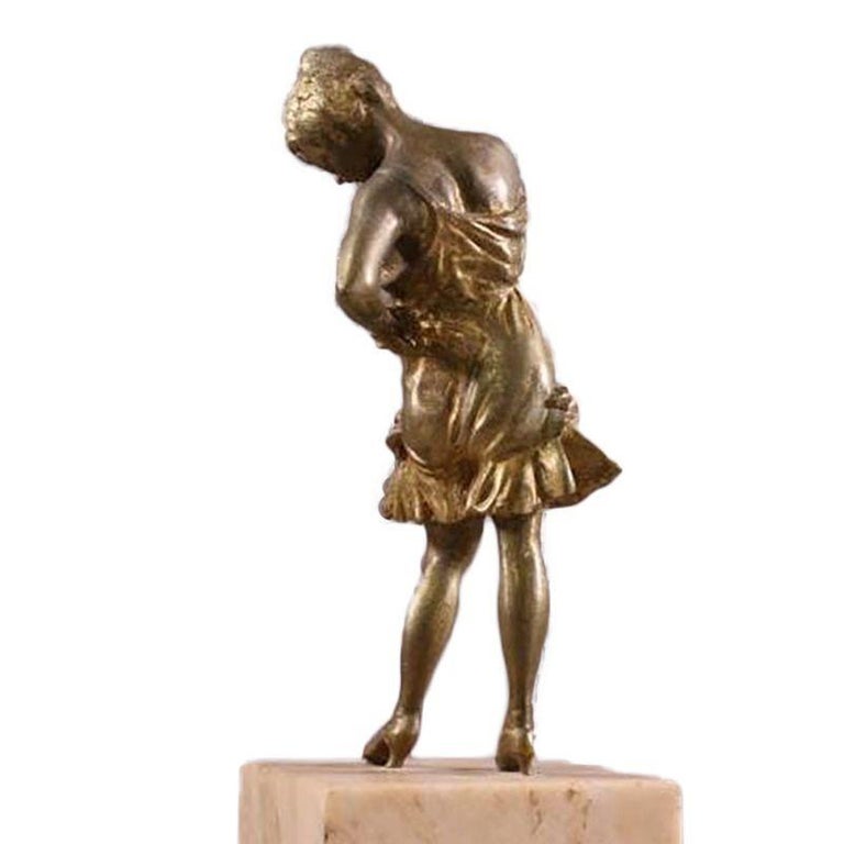 Brass Art Deco Flapper Girl Sculpture on Peach Marble Obelisk