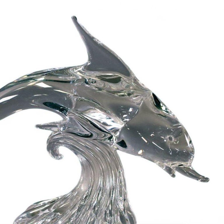 Large Hand-Blown Murano Crystal Leaded Glass Dolphin Sculpture Archimede Seguso