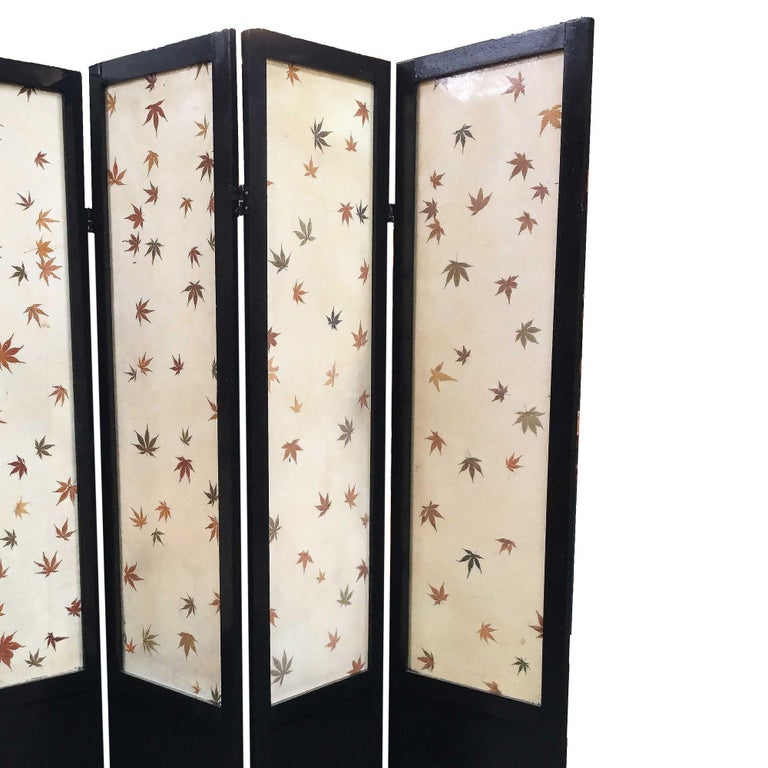 Black Lacquer Folding Screen w/ Fiberglass Maple Leaf Inserts
