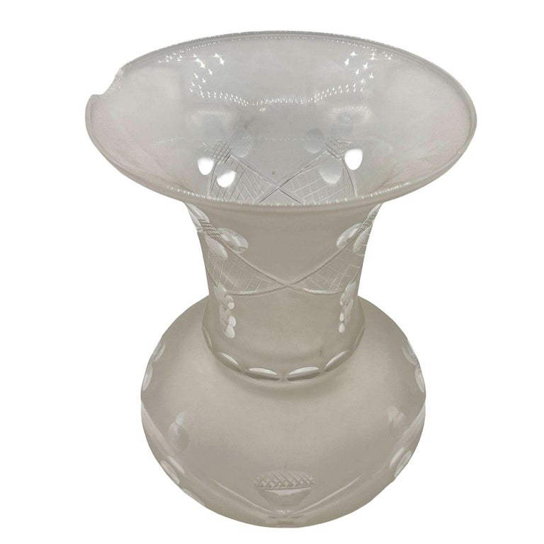 Victorian Wheel Cut Frosted Glass Floral Oil Lamp Fluted Hurricane Shade CHIPPED