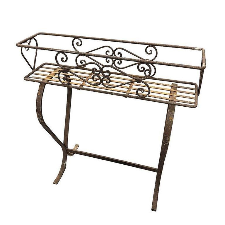 Mid-century Wroght Iron Scrolling Trestle Style Elevated Planter Stand