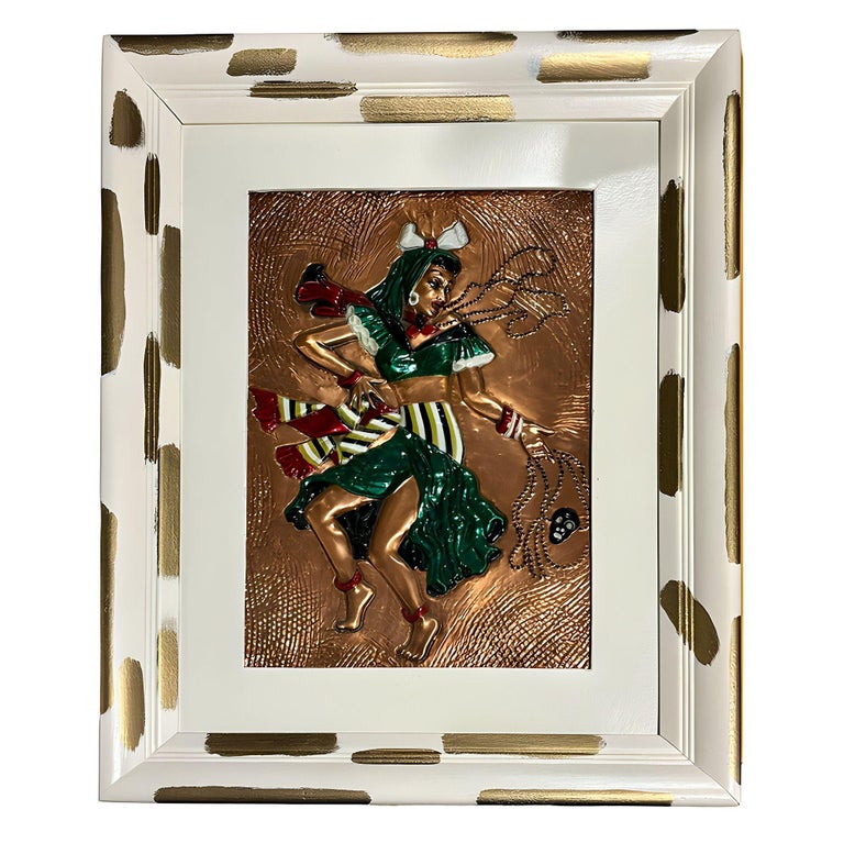 Mid-century Hand Painted Hammered Copper Relief Wall Art Framed, Pair