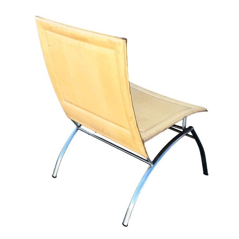 Postmodern Italian Leather “Waist” Side Chrome Tublar Lounge Chair