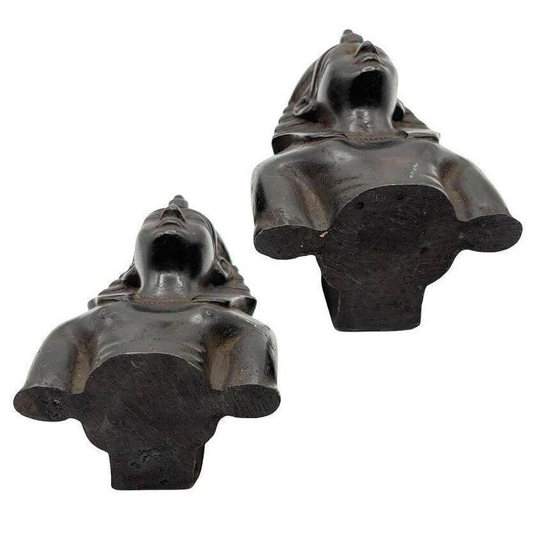 Hand Carved Ebony Wood King Tut Tutankhamen Pharaoh Bust Book Ends Signed 1974