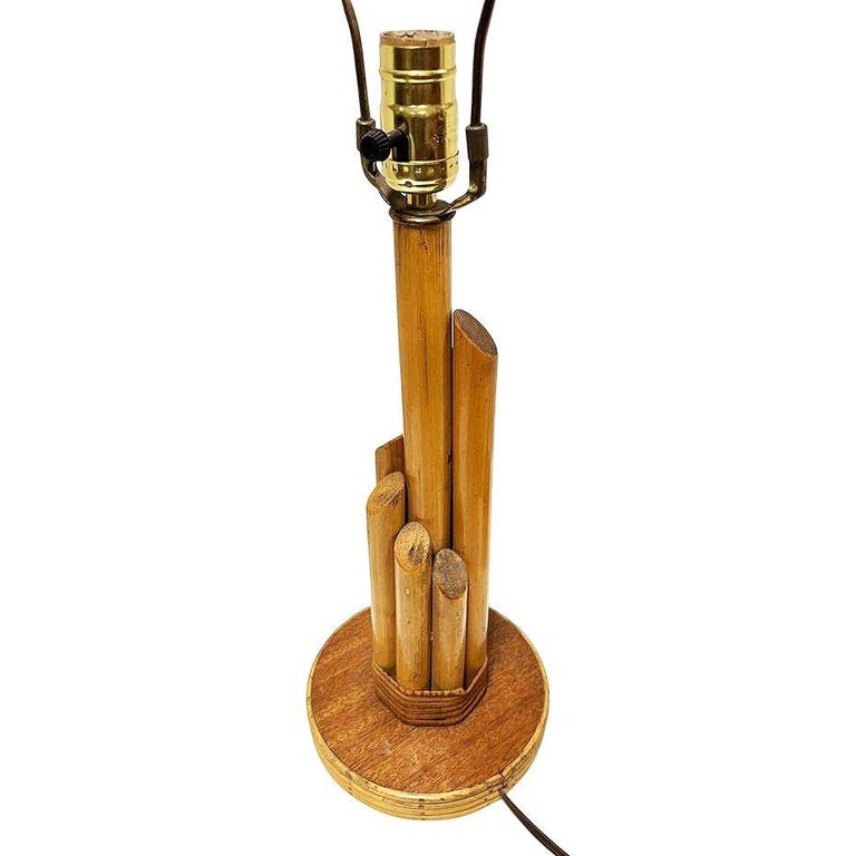 Sculptural Mahogany & Wicker Wrapped Rattan Graduated 7-Pole Table Lamps, Pair