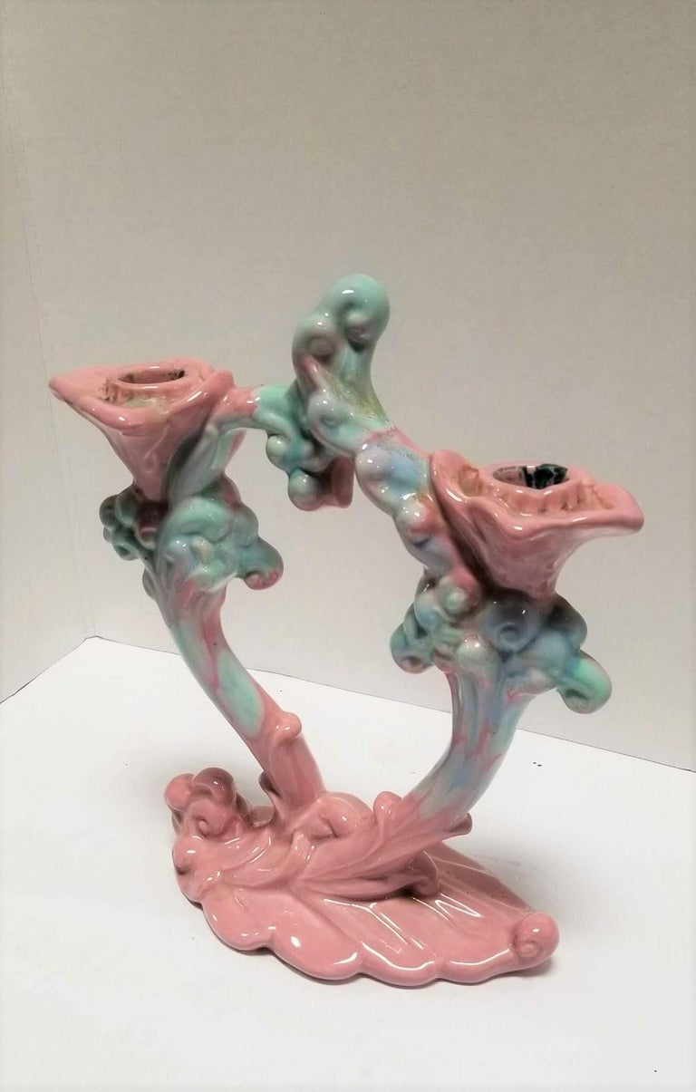 Royal Haeger Mauve Agate Pink/Blue Marble Glaze Twin Stalk Candlestick Holder