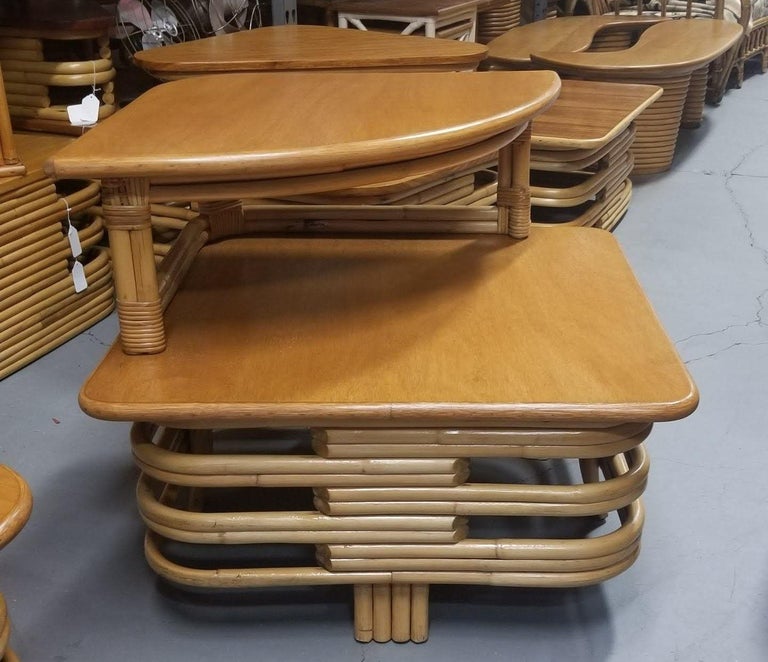 Restored Ratan and Mahogany Two-Tiered Corner Table with Stacked Rattan Base
