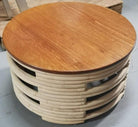 Restored Rattan White Natural Wood Stacked Round Coffee Table with Mahogany Top