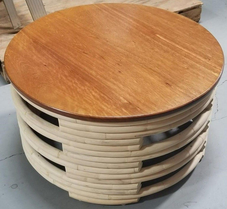Restored Rattan White Natural Wood Stacked Round Coffee Table with Mahogany Top