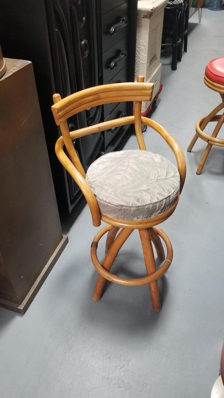 Restored Rattan Pair of Two Stacked Back Bar stools w/ Botanical Fabric Seats