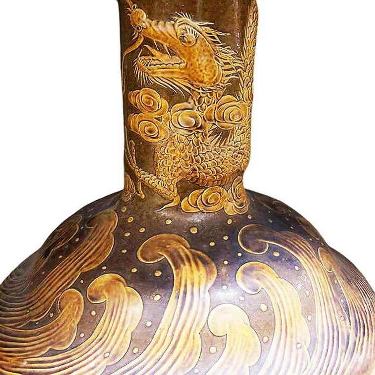 Post-war Chinese Dragon Glazed Art Pottery Pedestal Garden Patio Dining Table