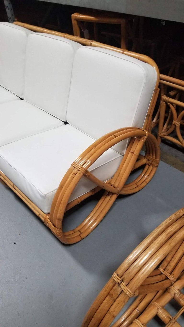 Restored Rattan Three-Strand Full Pretzel Lounge Chair and Three-Seat Sofa Set