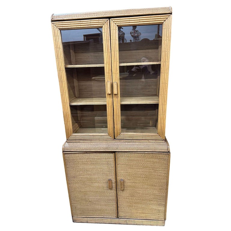 Restored Art Deco Stick Rattan & Grass Mat China Cabinet/Etagere