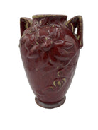 Red Art Pottery Vase with Dual Handles & Sculpted Floral Relief