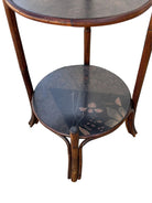 Costal Three Tiered Dark Stained Rattan Shelf w East Asian Motif Tops