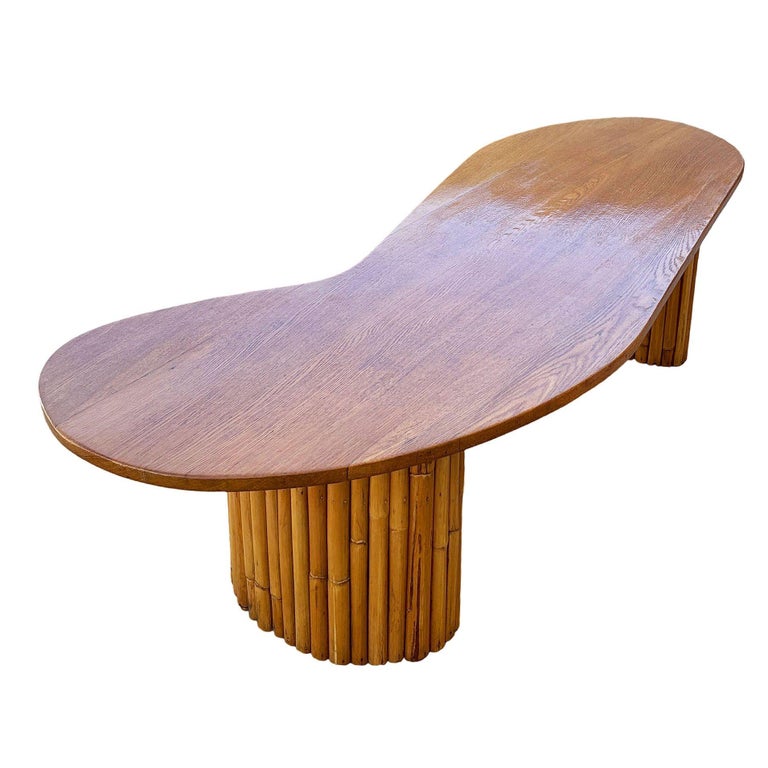 Restored Rare Mid-Century Rattan and Mahogany Asymmetric "J" Coffee Table