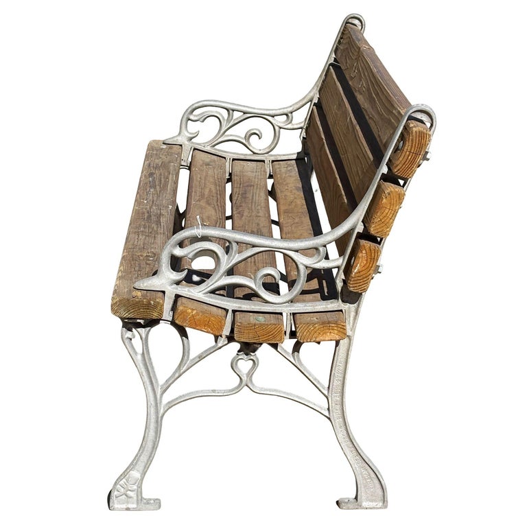 Restored Victorian Cast Iron & Wooden Lath Garden Bench w/ Vine Leaf Detail