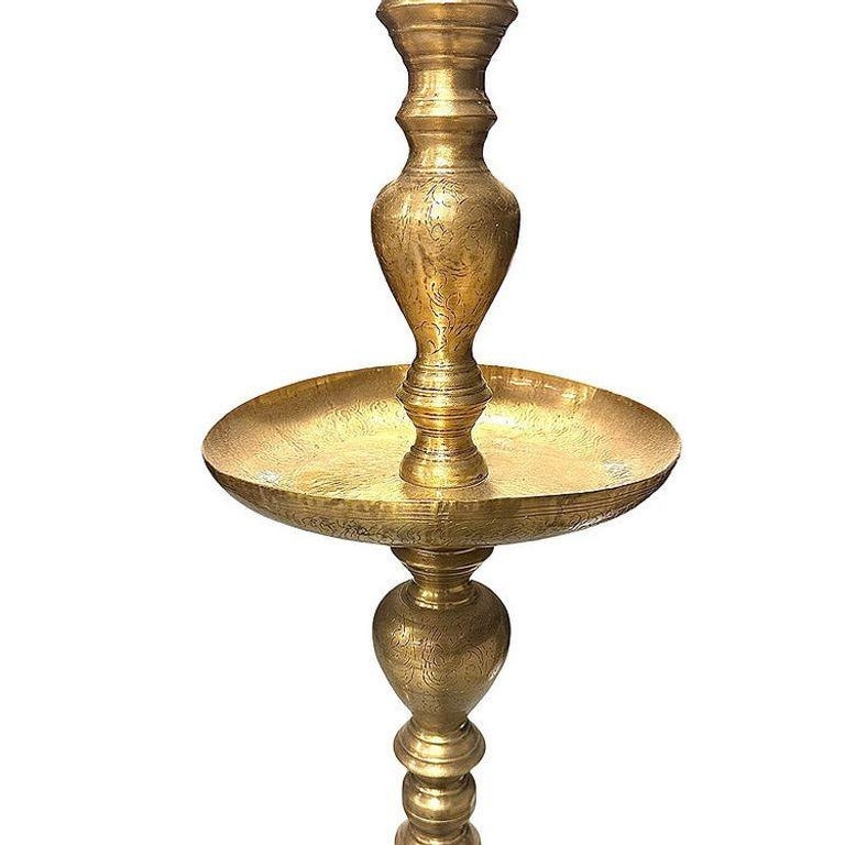 Hand Etched Brass Moroccan Floor Candelabra, Pair