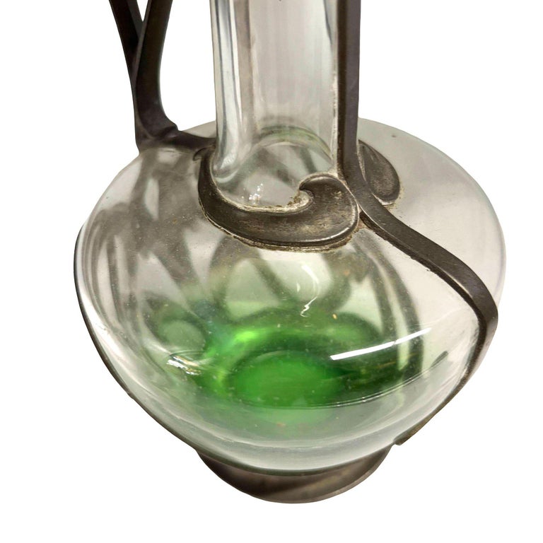 Austrian Art Nouveau Pewter Jugendstil Clade Green Art Glass Wine Carafe
