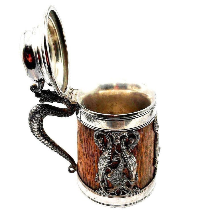 Silverplate Oak Tankard Beer Stein w/ Dragon motif, by St. Louis Silver Co.