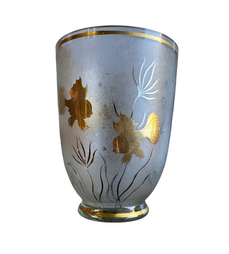 Monumental Etched Glass Vase with Gold Fish Overlay