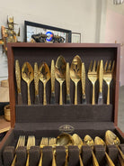 Modernist Pattern Gold Plated Stainless Flatware Set of 92 by 1847 Rogers Bros