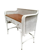 Shabby Chic White Wicker Mahogany Top Writing Secretary Desk w/ Chair
