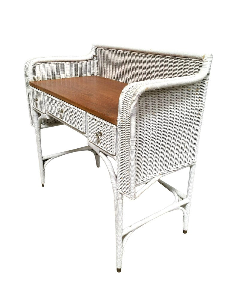 Shabby Chic White Wicker Mahogany Top Writing Secretary Desk w/ Chair