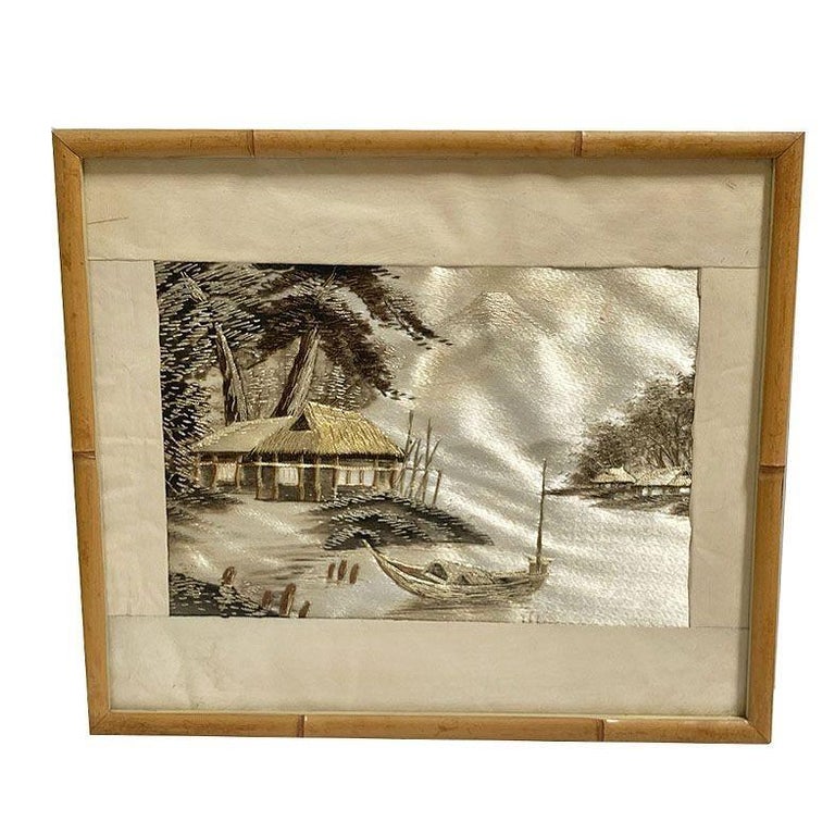 Three Chinese Silk Embroidery Tapestry Art Tropical Landscape in Rattan Frames