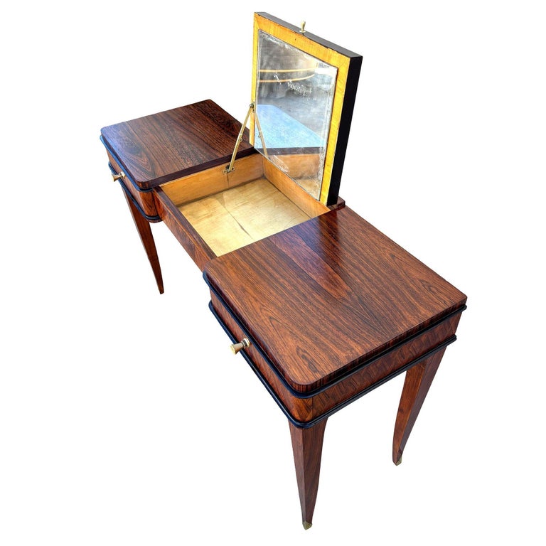 French Art Deco Flip Top Madagascar Rosewood & Brass Dressing Table Vanity