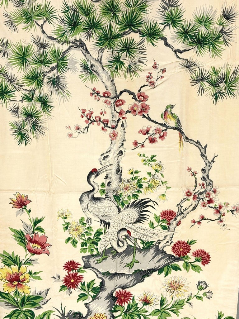 One of a Kind Mid Century Silk Curtain Panel with Cranes, Pine, and Chrysanthemu