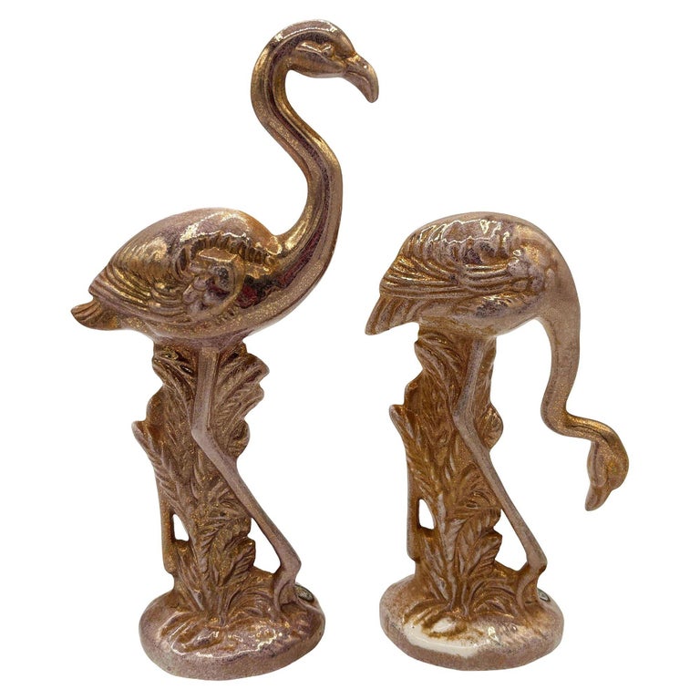 Rare Mid-century Speckled Gold Ceramic Pink Flamingo Statue by McCulloch, Pair