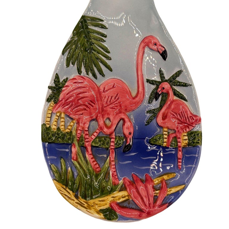 Mid-century Hand Painted 3d Flamingo on a Tropical Beach Themed Spoon Rest